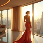 Femme élégante en robe de soie dans un penthouse lumineux