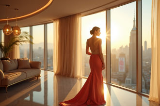 Femme élégante en robe de soie dans un penthouse lumineux