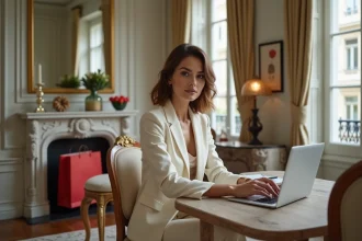 Femme élégante en blazer crème dans un appartement parisien