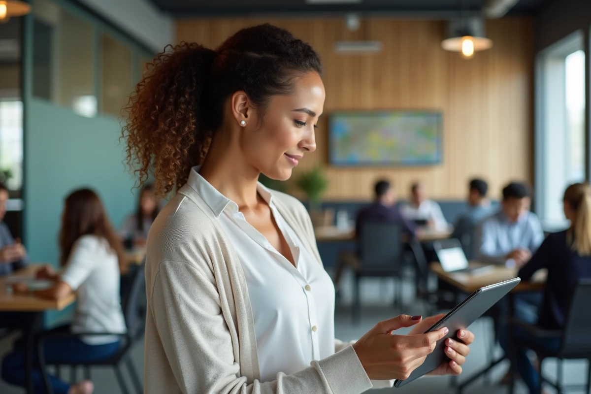 Femme expliquant Kordoz à un groupe en coworking