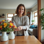 Femme d'âge moyen arrangeant un vase de fleurs dans un salon lumineux