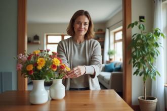 Femme d'âge moyen arrangeant un vase de fleurs dans un salon lumineux