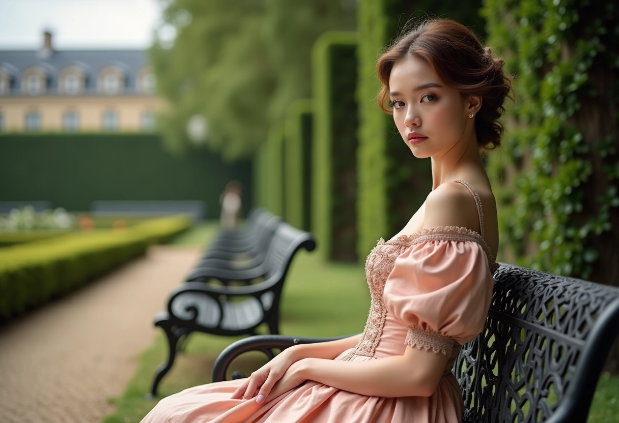 Jeune femme en robe haute couture dans un jardin parisien