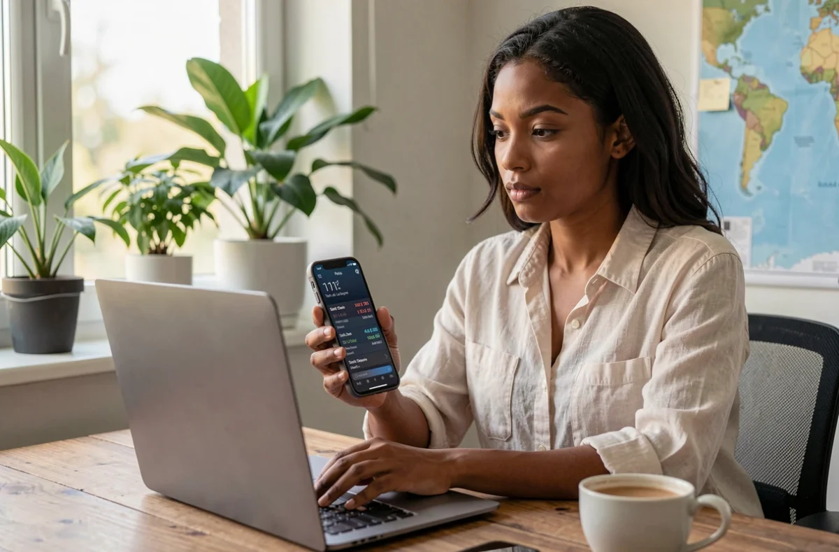 Femme consultant l'heure de La Réunion et de la France métropolitaine sur son smartphone