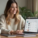 Femme consultant l'historique de ses commandes vestimentaires sur un ordinateur portable à son bureau