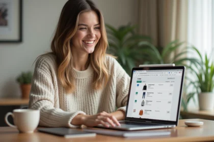 Femme consultant l'historique de ses commandes vestimentaires sur un ordinateur portable à son bureau