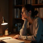 Femme contemplant une horloge affichant 23h23 dans un bureau chaleureux la nuit, entourée de carnets de notes sur les heures miroirs