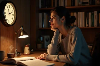 Femme contemplant une horloge affichant 23h23 dans un bureau chaleureux la nuit, entourée de carnets de notes sur les heures miroirs