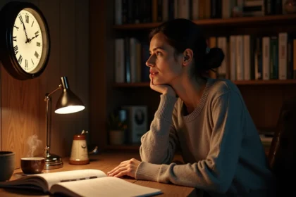 Femme contemplant une horloge affichant 23h23 dans un bureau chaleureux la nuit, entourée de carnets de notes sur les heures miroirs