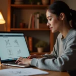 Femme parcourant un site de dessins gratuits à imprimer sur son ordinateur portable depuis son bureau à domicile