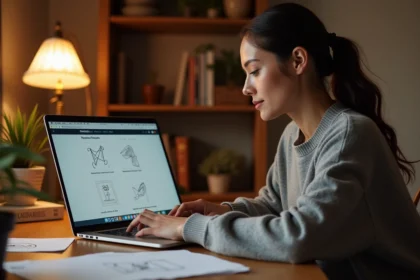 Femme parcourant un site de dessins gratuits à imprimer sur son ordinateur portable depuis son bureau à domicile