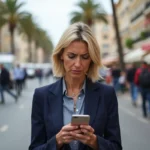 Femme inquiète sur la Croisette à Cannes avec smartphone