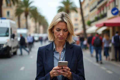Femme inquiète sur la Croisette à Cannes avec smartphone