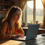 Jeune femme frustrée regardant son ordinateur en campagne