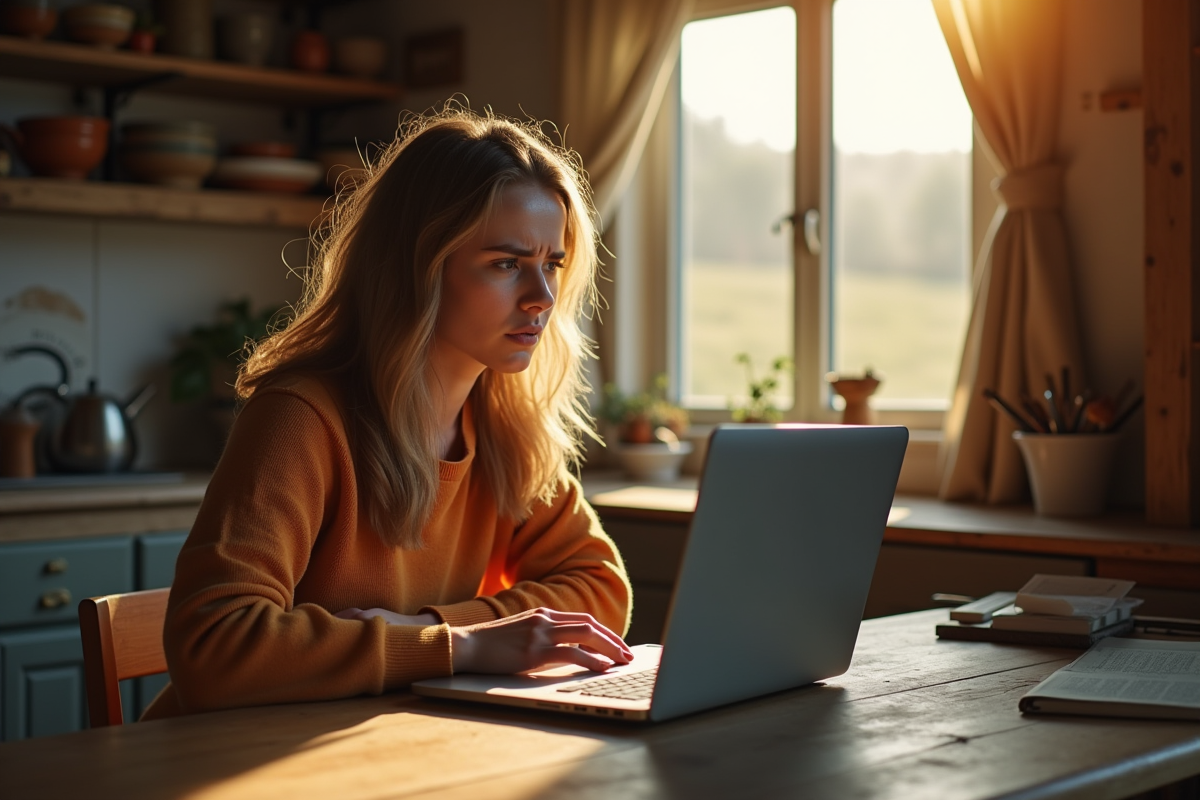 Jeune femme frustrée regardant son ordinateur en campagne