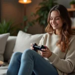Jeune femme jouant avec une manette dans un salon cosy