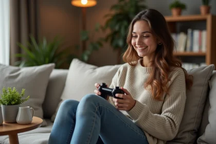 Jeune femme jouant avec une manette dans un salon cosy