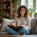 Femme en train de journaler dans un salon chaleureux
