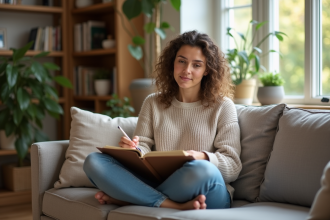 Femme en train de journaler dans un salon chaleureux