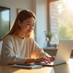 Jeune femme utilisant un ordinateur portable dans un salon lumineux
