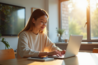 Jeune femme utilisant un ordinateur portable dans un salon lumineux