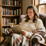Femme lisant un roman policier cozy installée dans un fauteuil avec une tasse de thé et une bibliothèque en arrière-plan