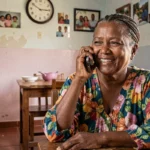 Femme malgache souriante parlant au téléphone avec sa famille en France, horloge murale visible en arrière-plan