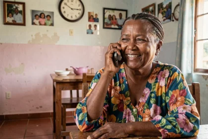 Femme malgache souriante parlant au téléphone avec sa famille en France, horloge murale visible en arrière-plan