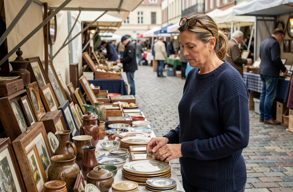 Femme parcourant des objets de collection sur un stand de marché aux puces en plein air avec un décor authentique