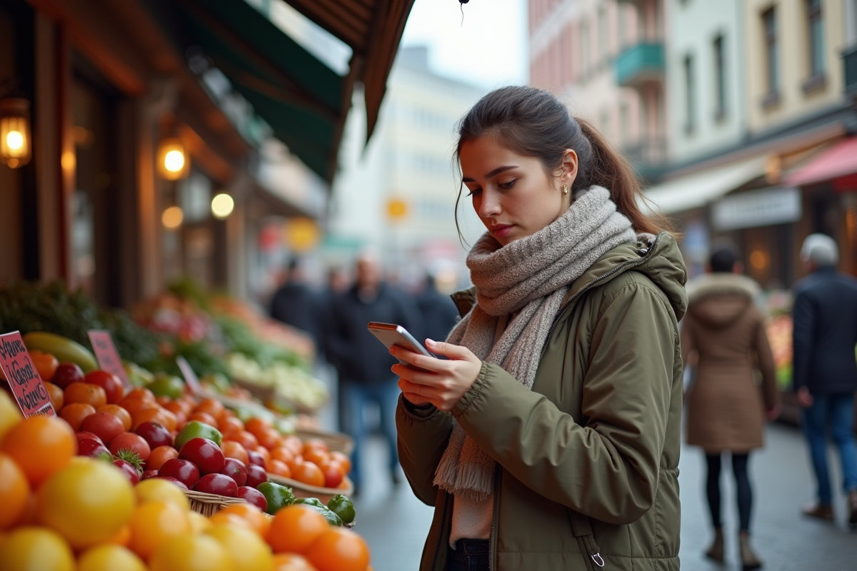Jeune femme dans un marché comparant prix avec smartphone