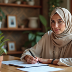 Femme marocaine en hijab lisant des documents à la maison