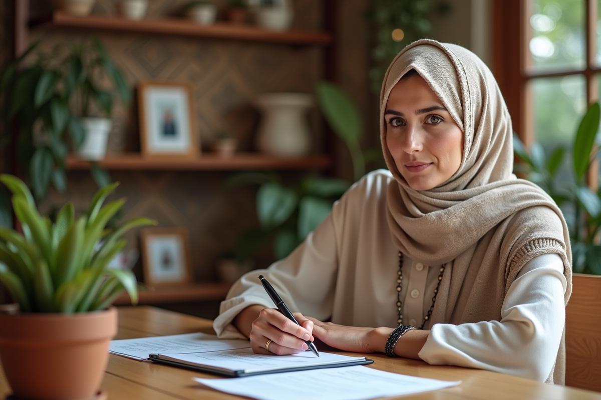 Femme marocaine en hijab lisant des documents à la maison
