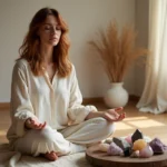 Femme en méditation entourée de pierres de lithothérapie posées sur un plancher en bois, choisissant ses cristaux selon ses émotions