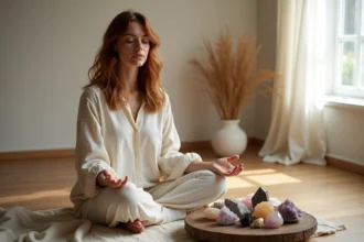 Femme en méditation entourée de pierres de lithothérapie posées sur un plancher en bois, choisissant ses cristaux selon ses émotions