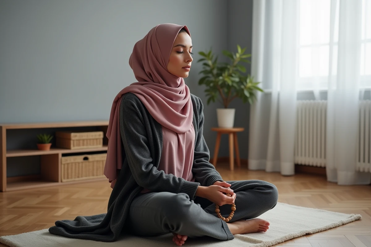 Jeune femme musulmane en contemplation spirituelle avec un chapelet dans un appartement à Douai