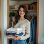 Femme organisée dans son placard avec des vêtements pliés