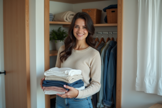 Femme organisée dans son placard avec des vêtements pliés
