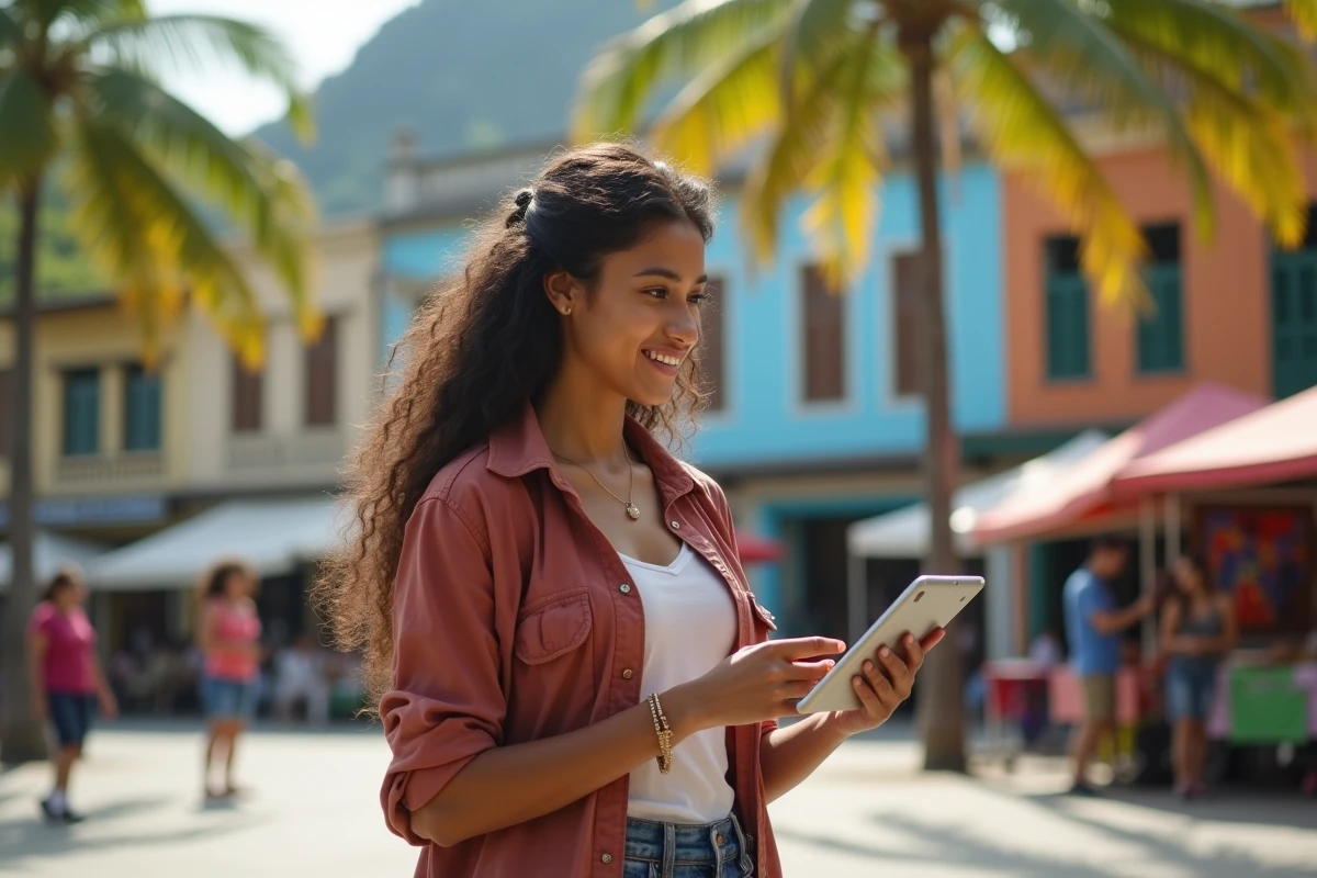 Jeune femme regardant une horloge mondiale sur tablette