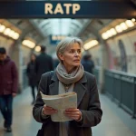Femme méditative devant une station de métro parisienne