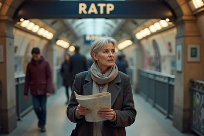Femme méditative devant une station de métro parisienne