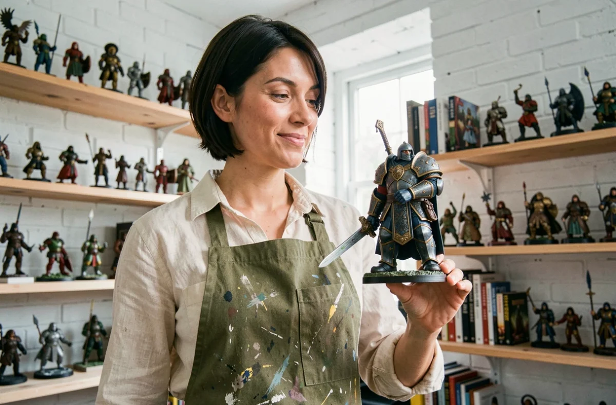 Femme peintre de figurines Warhammer inspectant une figurine terminée avec des contrast paints dans un studio hobby