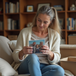 Femme d'âge moyen triant des photos de famille dans un salon chaleureux