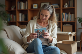 Femme d'âge moyen triant des photos de famille dans un salon chaleureux
