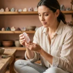 Femme tenant un cristal de quartz rose en lithothérapie dans un intérieur naturel et apaisant