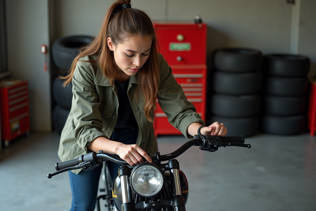 Jeune femme ajustant le moteur de sa bicyclette en garage