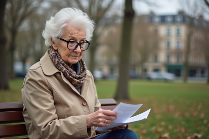 Femme retraitée en trench beige dans un parc urbain français