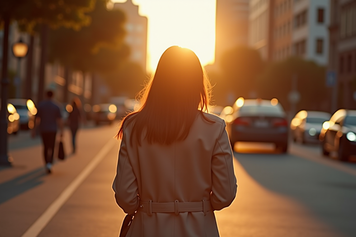Femme pensante marchant dans une rue chic de Los Angeles