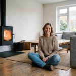 Femme assise dans un salon scandinave avec poele à bois