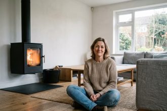 Femme assise dans un salon scandinave avec poele à bois