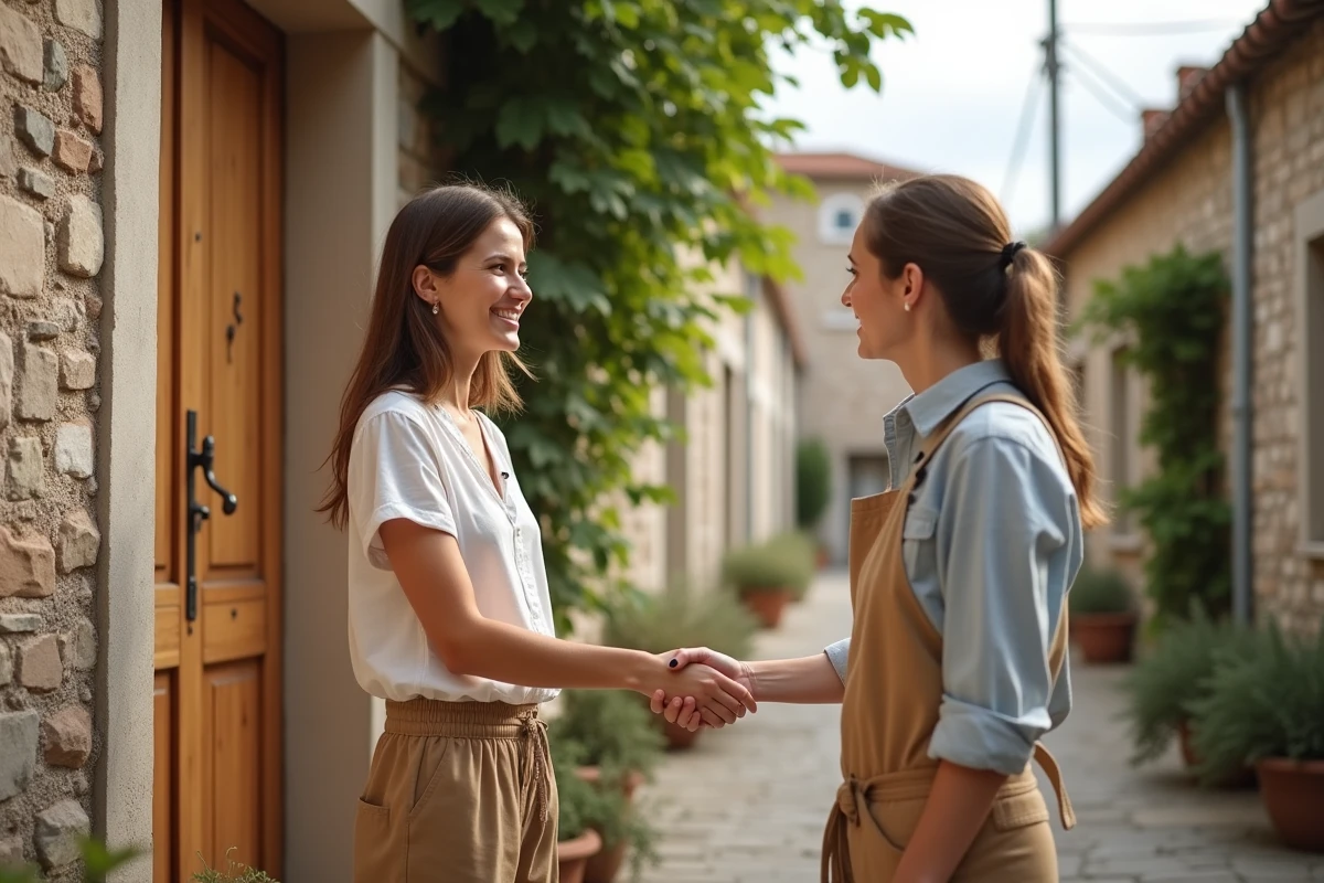 Femme souriante serre la main d une artisan devant une porte en chene